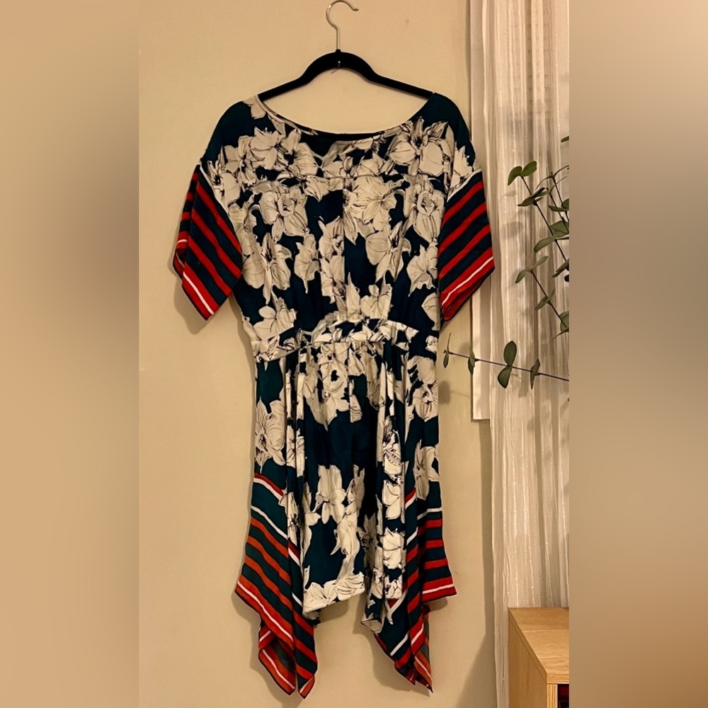 Asymmetrical Hem Whimsy Goth100% Silk Floral and Striped Dress